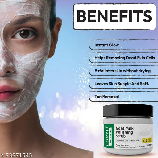 Luvyh Goat Milk Polishing Scrub (100g) for Skin exfoliating Instant Glow, Fairness for All Skin Types No Parabens, No Mineral Oil, No Sulphate, No Silicone