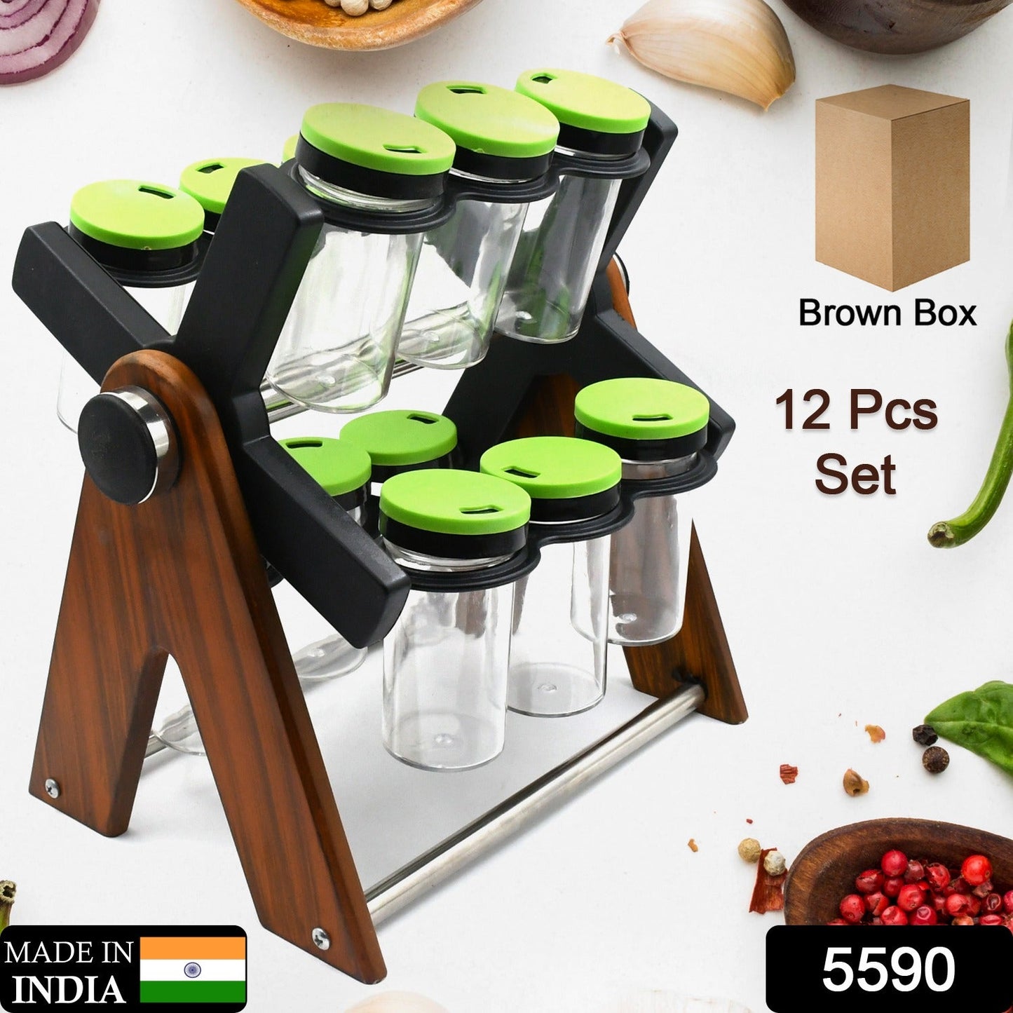 Miracle Multipurpose Wooden Spice Rack for Kitchen 12 Jars | 360 Degree Revolving Masala Box Container Spice Rack Containers Set (12 pcs Set) - Springkart 
