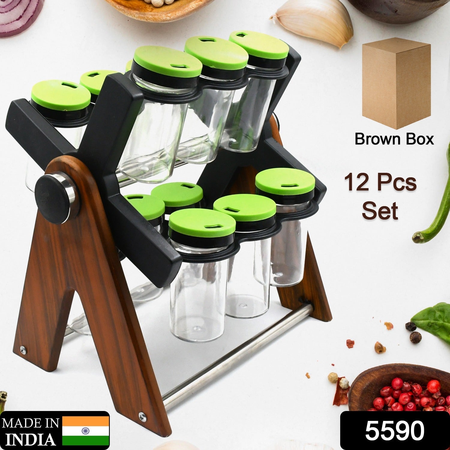 Miracle Multipurpose Wooden Spice Rack for Kitchen 12 Jars | 360 Degree Revolving Masala Box Container Spice Rack Containers Set (12 pcs Set) - Springkart 