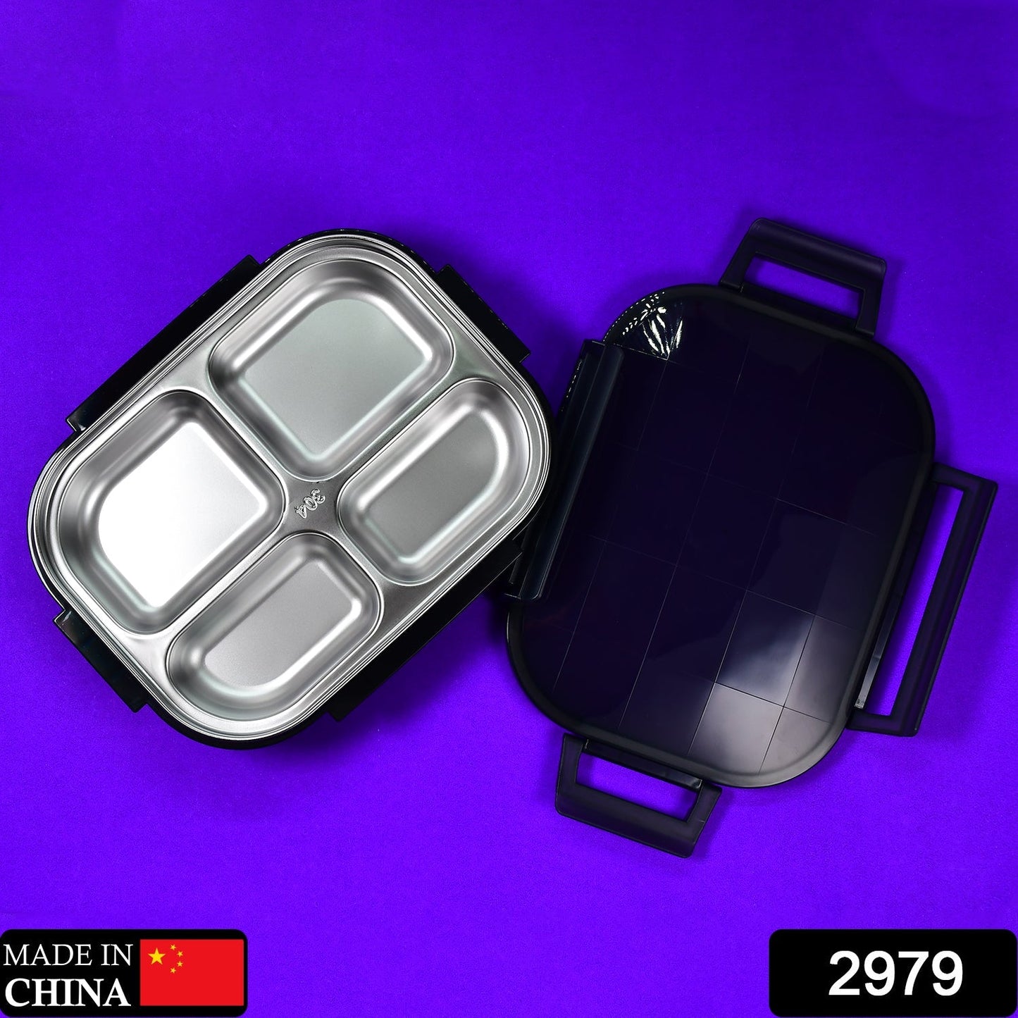 Black Transparent 4 Compartment Lunch Box for Kids and adults, Stainless Steel Lunch Box with 4 Compartments. - Springkart 