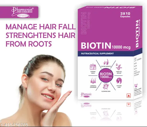 Biotin 10000 mcg , ( Pack Of 30 Capsule ) High Strength Supplement for Hair Growth, Skin & Nails Health