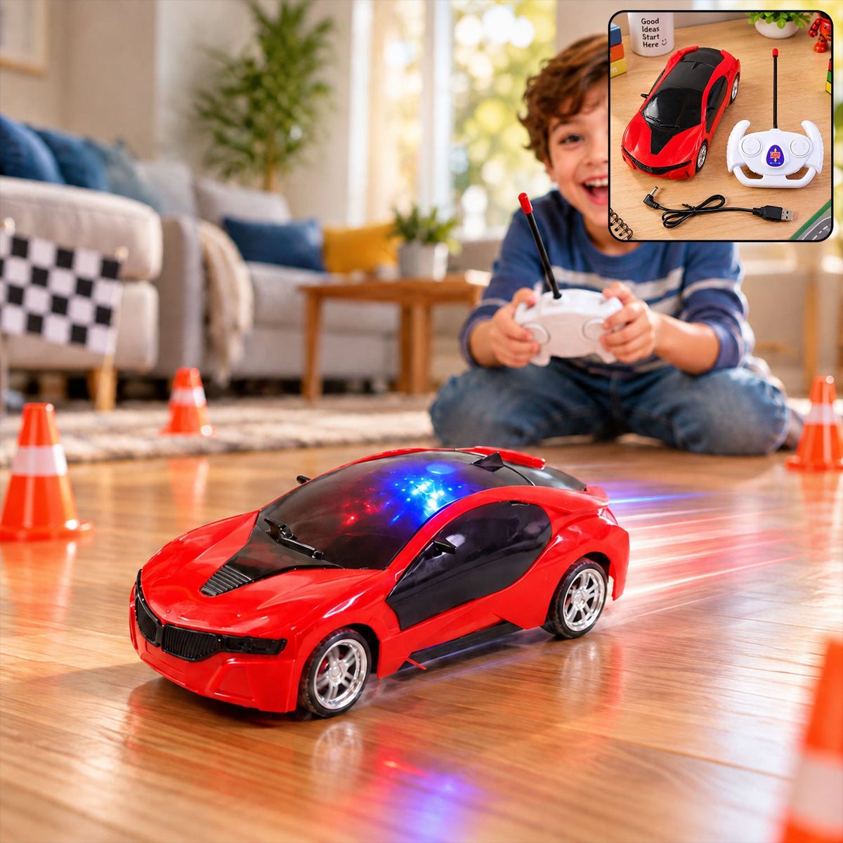 Rechargeable Rc Sports Car Toy With 3d Sparkling Led Lights For Kids (1 Pc)