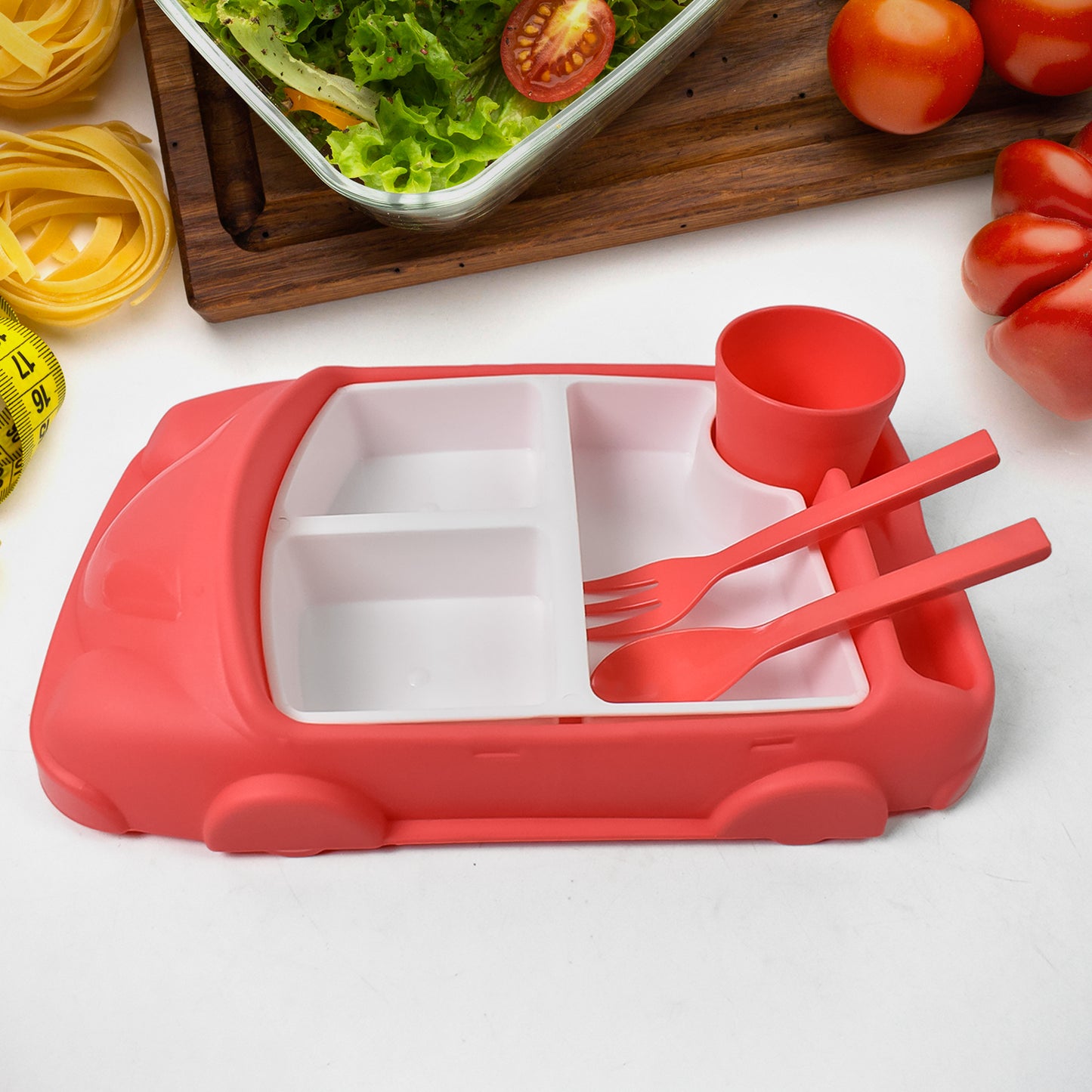 Kids Car Shaped Plates Cup Lunch Box Dinnerware Set (4 Pcs Set 1000 Ml Lunch Box) - Springkart 