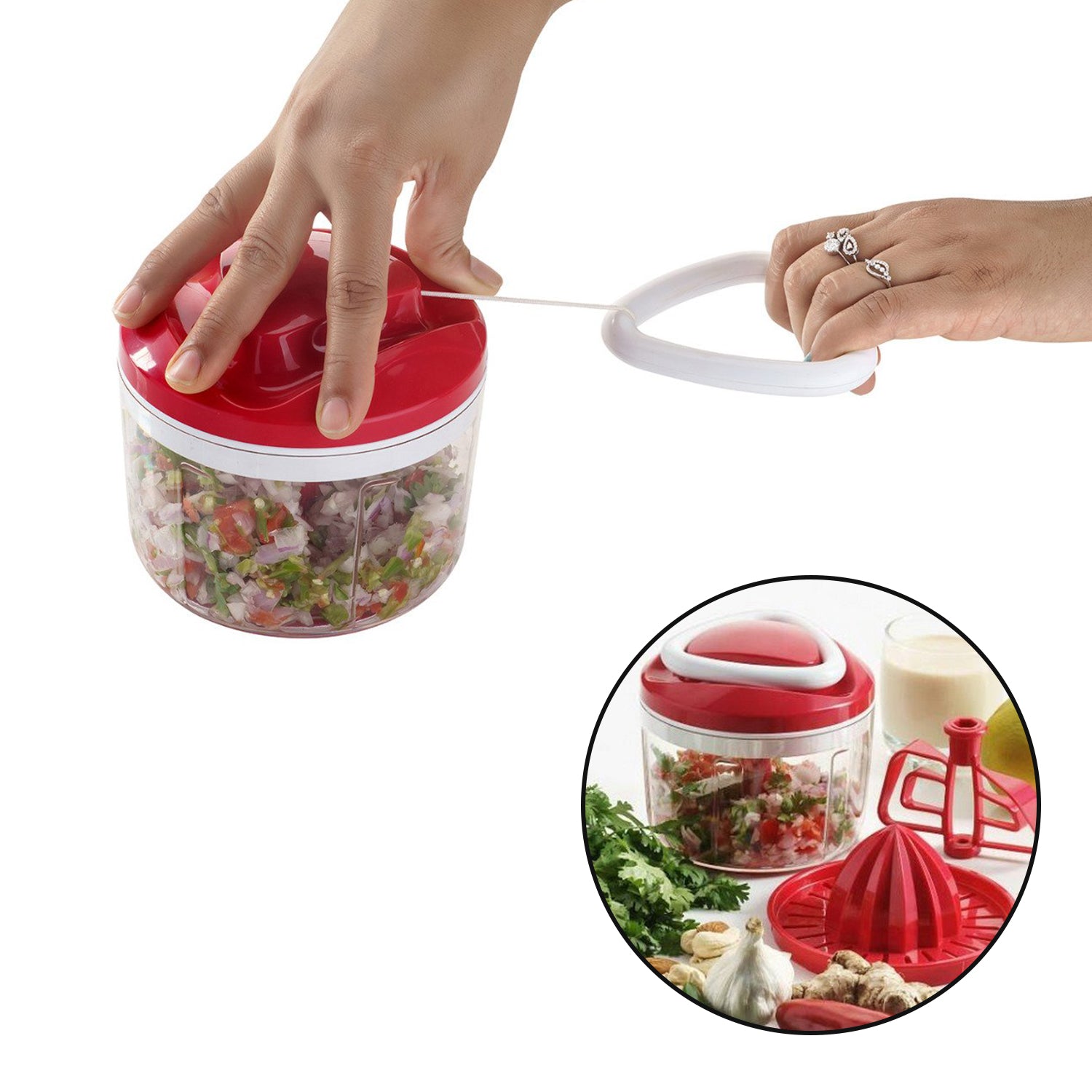 Ganesh Easy Pull 3-in-1 Plastic Chopper (650ml, 125mm, Red) - Springkart 