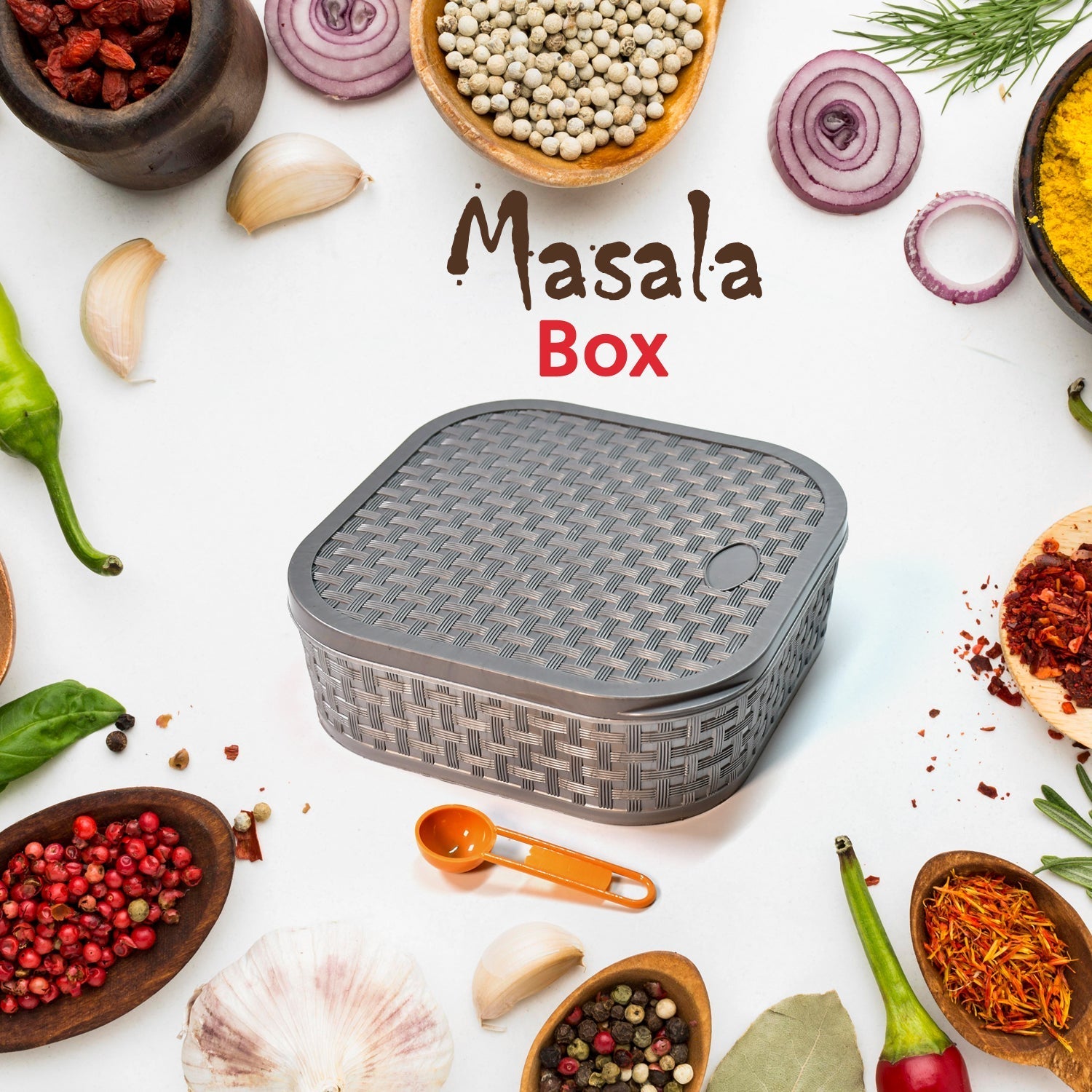 Masala Box for Keeping Spices, Spice Box for Kitchen, Masala Container, Plastic Wooden Style, 7 Sections (Multi Color). - Springkart 