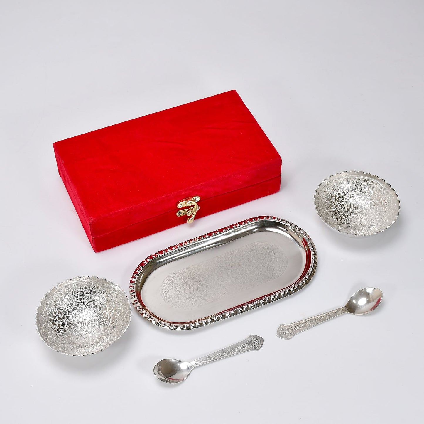 Silver Plated 2 Bowl 2 Spoon Tray Set Brass with Red Velvet Gift Box Serving Dry Fruits Desserts Gift, Bartan - Springkart 