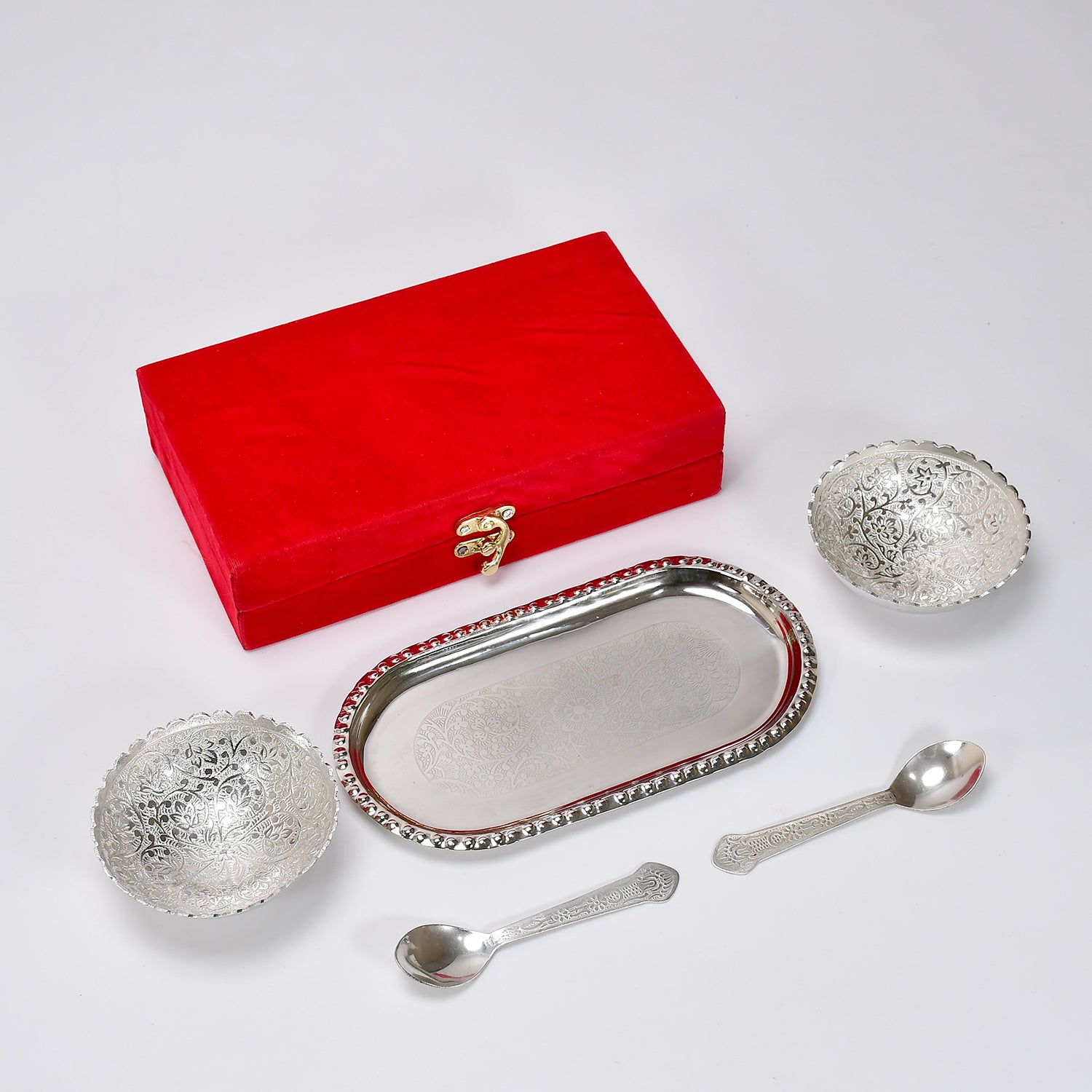 Silver Plated 2 Bowl 2 Spoon Tray Set Brass with Red Velvet Gift Box Serving Dry Fruits Desserts Gift, Bartan - Springkart 