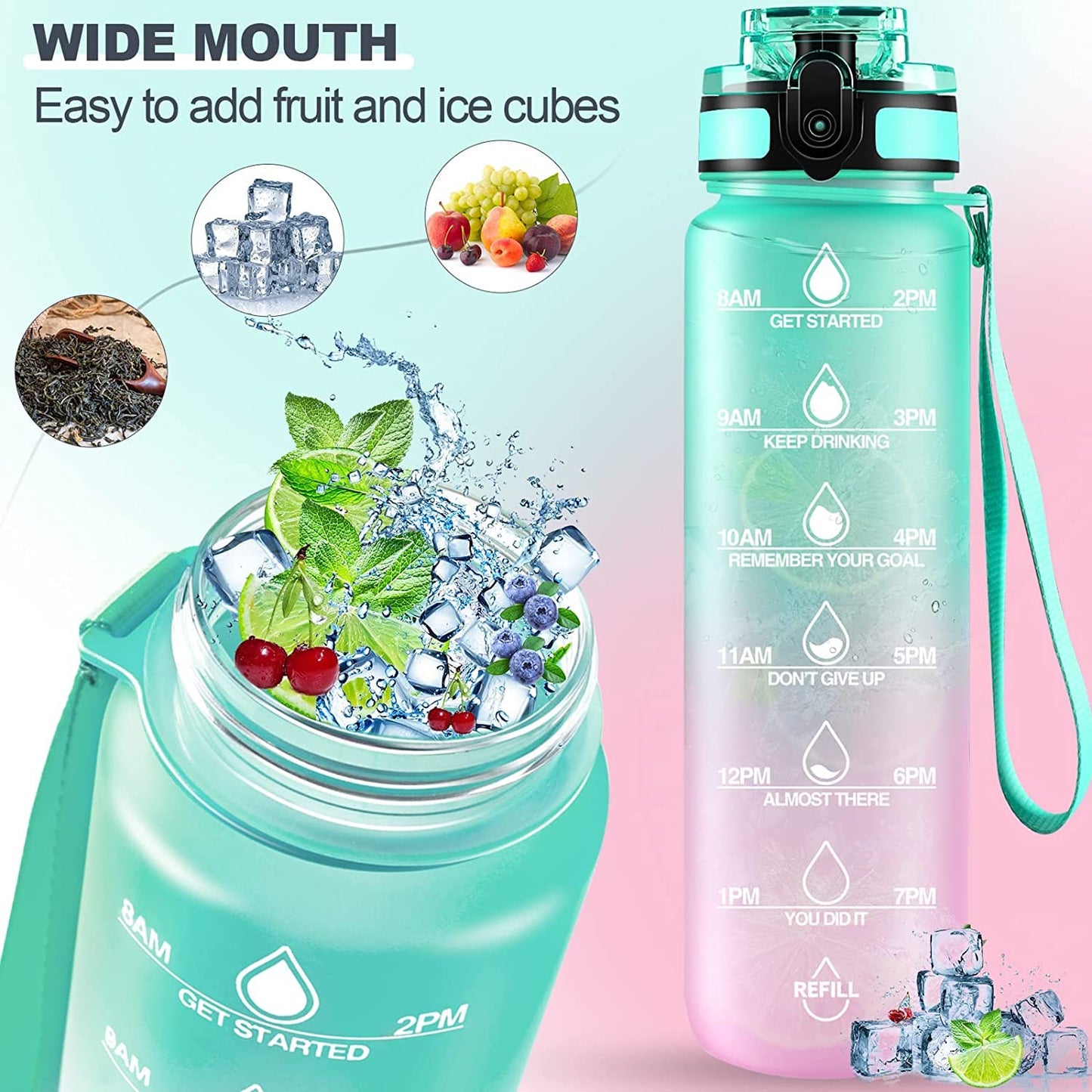 Motivational Water Bottle with Straw & Time Marker - Leakproof Tritan Portable Gym Bottle for Sports, Hiking & Camping - Springkart 