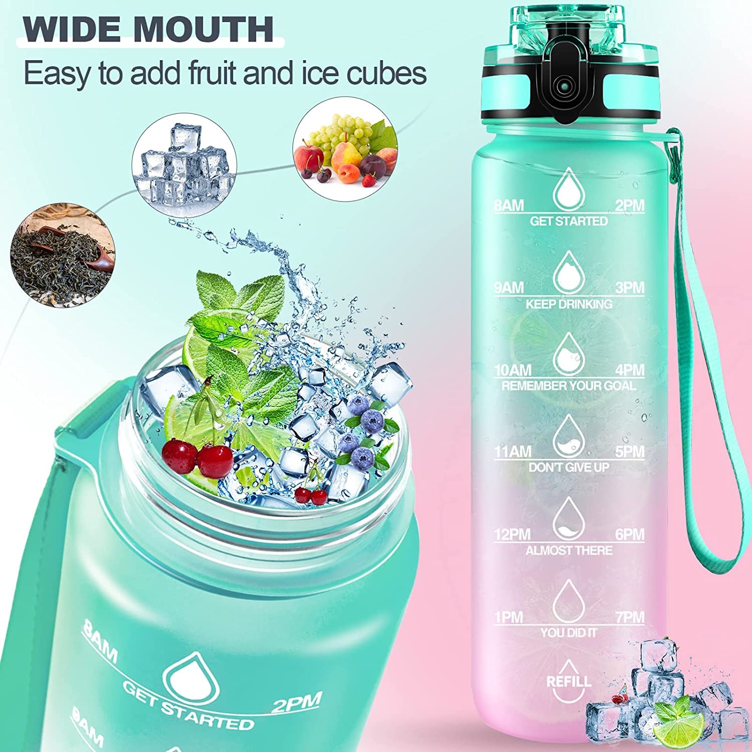 Motivational Water Bottle with Straw & Time Marker - Leakproof Tritan Portable Gym Bottle for Sports, Hiking & Camping - Springkart 
