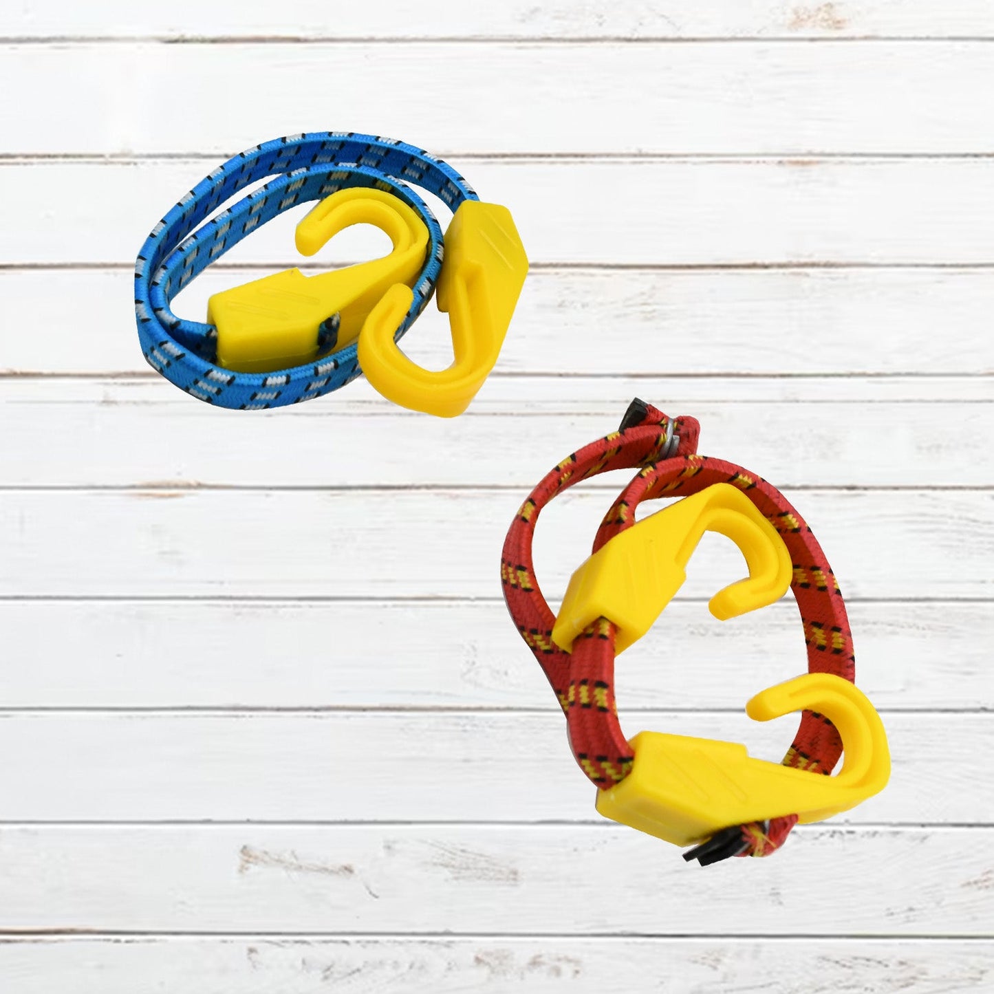 Multipurpose bungee cord with J hooks, ideal for securing cargo.