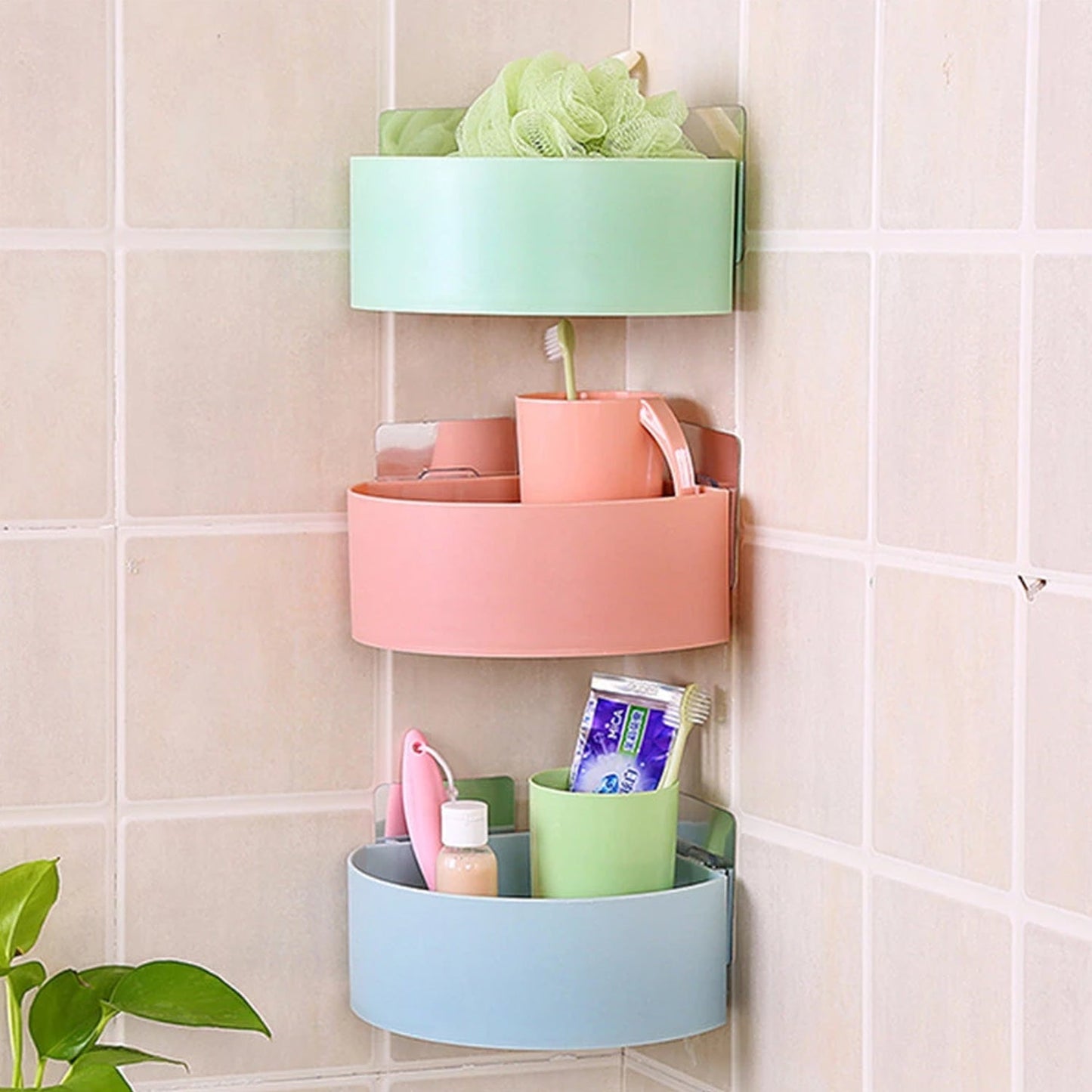 Corner Shelf Bathroom Kitchen Rack Self Adhesive Shower Caddy Plastic Triangle Wall Mount Storage Basket - Springkart 