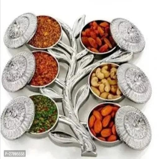 Multipurpose Tree Shape 6 Section Royal Design Silver Storage Dry Fruit Tray /Gift Box / Dry Fruits Box (Pack Of 1)