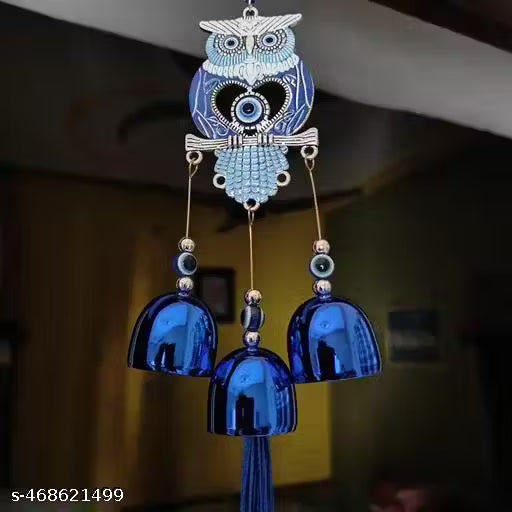 3 Bell Evil Eye Wind Chime with Owl Design - Unique Hanging Ornament for Home Decorative Showpiece - 25 cm (Metal, Blue)