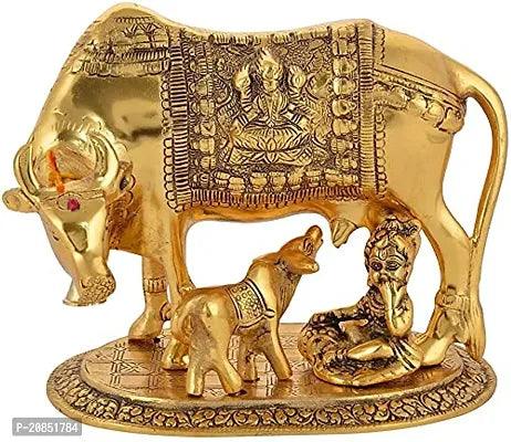 Golden Kamdhenu Cow with Laddu Gopal Statue Oxidized Finish with Luxury Velvet Box Pack and Beautiful Carry Bag Showpiece for Home Decor (Diya Set of 6 Pics)