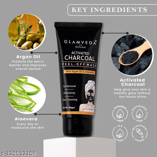 Glamveda Activated Charcoal Blackhead & Whitehead Reamoval Peel Off Mask ( Pack Of 3) | Face Pack For de tan & Dark Spots Removal | All Skin Types , Paraben Free 180 gm