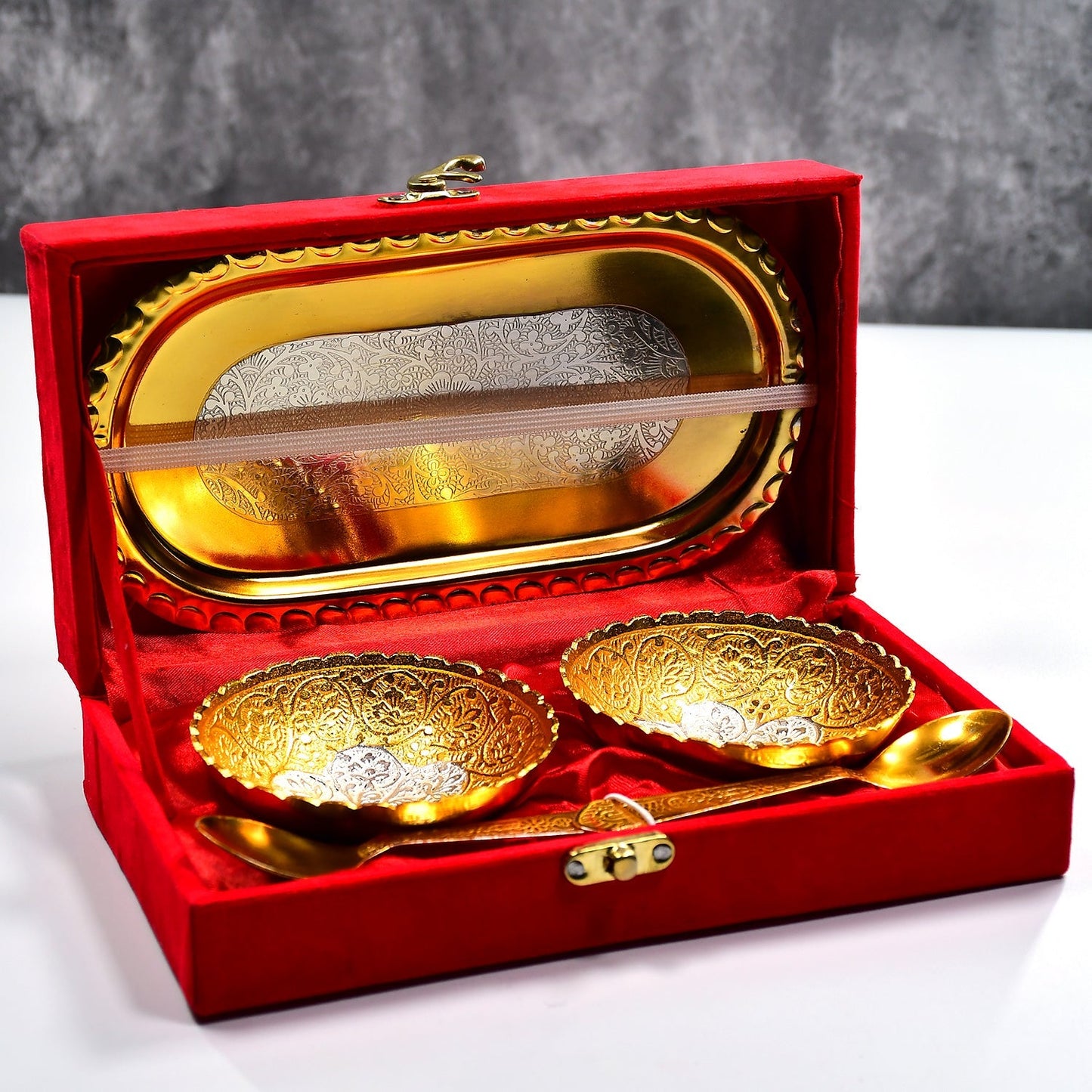 Gold Silver Plated 2 Bowl 2 Spoon Tray Set Brass with Red Velvet Gift Box Serving Dry Fruits Desserts Gift - Springkart 