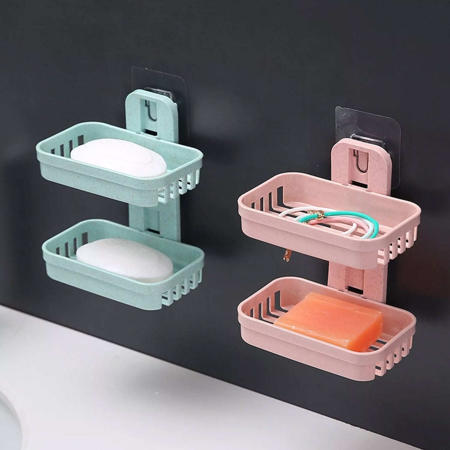 Plastic soap holder with double layers and vacuum dispenser feature, ideal for wall installation