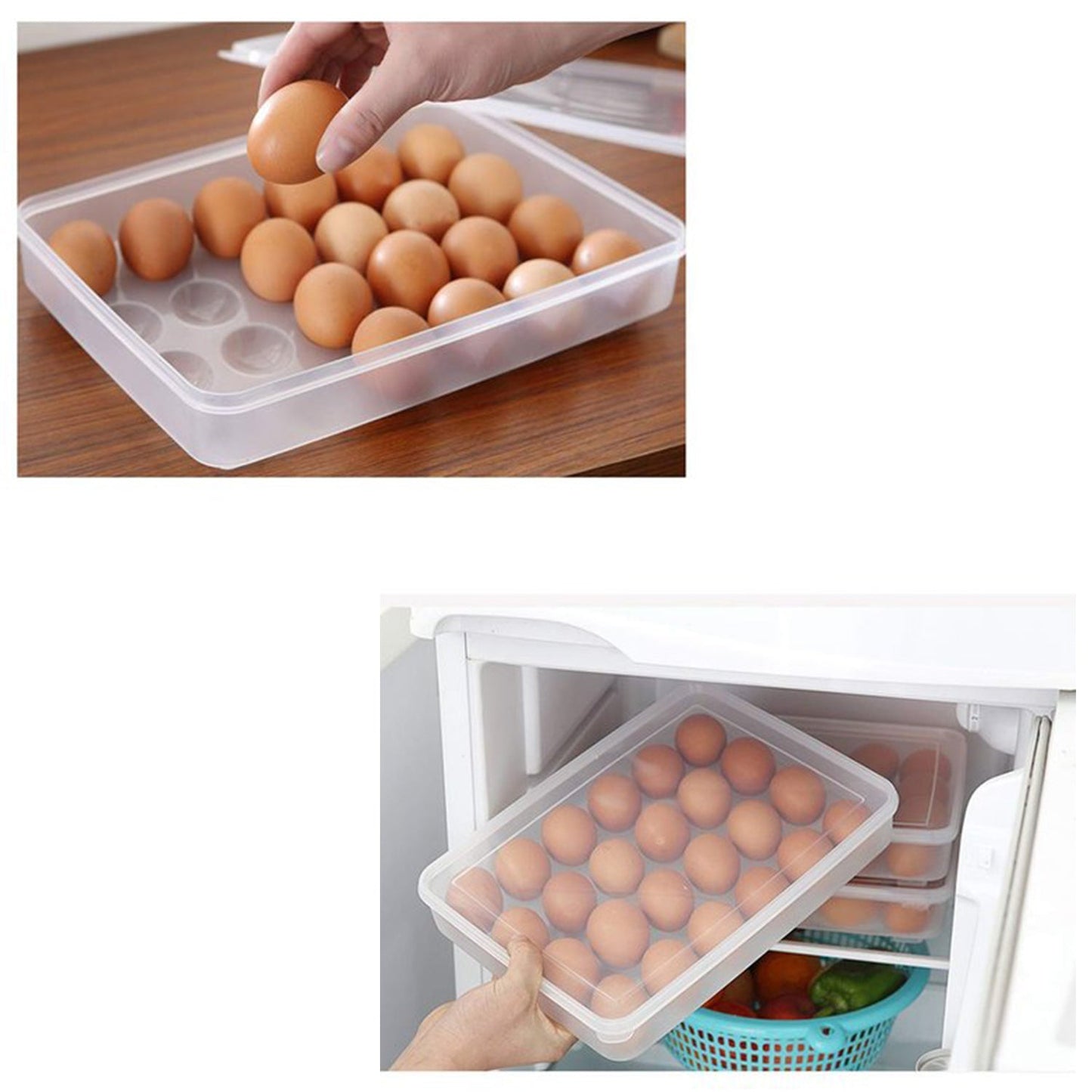 24-grid egg box with lid for fridge storage, accommodating up to 2 dozen eggs