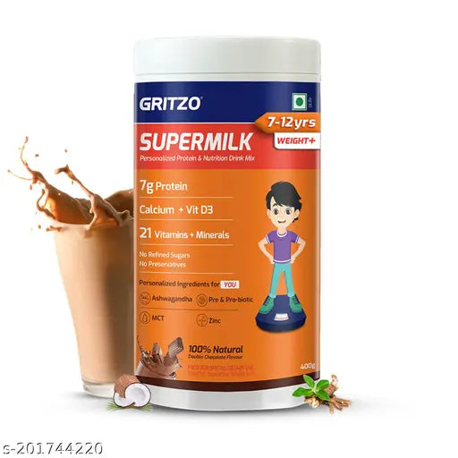 Gritzo SuperMilk Weight+ (7-12y), 7g Protein (Double Chocolate, 400g) | Zero Refined Sugar, 21 Vitamins & Minerals