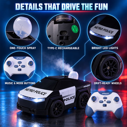 Remote Control Police Drift Car With Follow Modemist Spraylights And Music Set