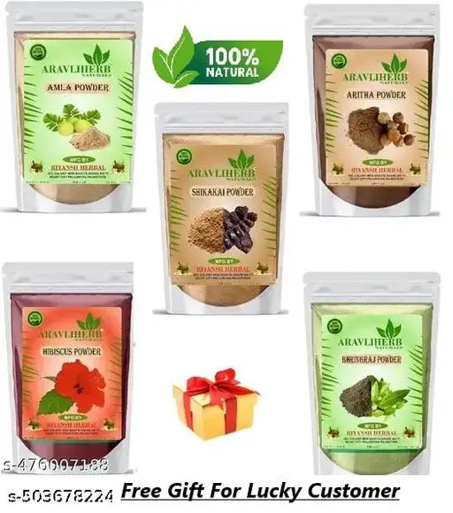 Aravliherb Natural Amla, Reetha, Shikakai, Bhringraj & Hibiscus Powder For Hair Growth And All Hair Type, 50Gram Each (Pack Of 5)