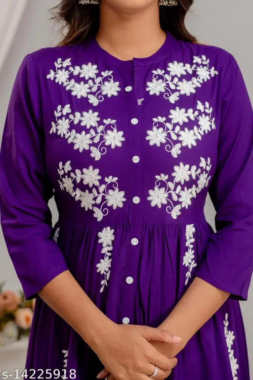 Women Rayon Anarkali Embroidered VioletKurti