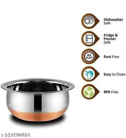 Supreme Stainless Steel Copper Bottom Handi,patila, Pot Biryani Punjabi Handi Set with Lid 5 Pieces Serving Bowls with Lids Cookware Set Capacity:- 0.5 L,0.8 L,1.2 L,1.5 L,1.8 L,(Copper & Silver)