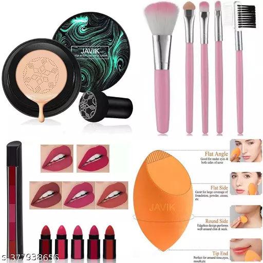 Makeup Combo CC Waterproof Foundation # 5 in 1 Matte Lipstick # 5 Pcs Brush Set # 1 Pcs Sponge Puff Pack Of 4 - Springkart 