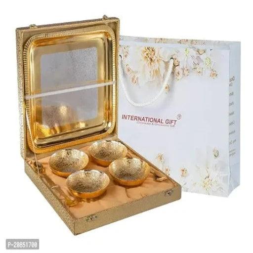 German Silver Brass Round Bowl Set with Tray and Spoon with Royal Royal Luxury Velvet Box Pack