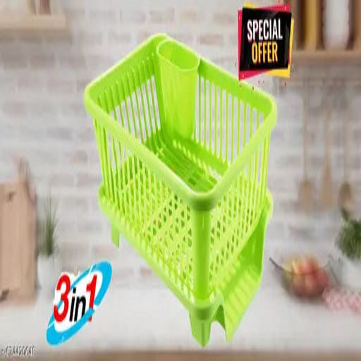 Sink Dish Rack | 3 in 1 Durable Plastic Drainer Drying Rack Washing Basket with Tray | Dish Rack Organizers, Utensils Tools Cutlery | Green, Pack of 1