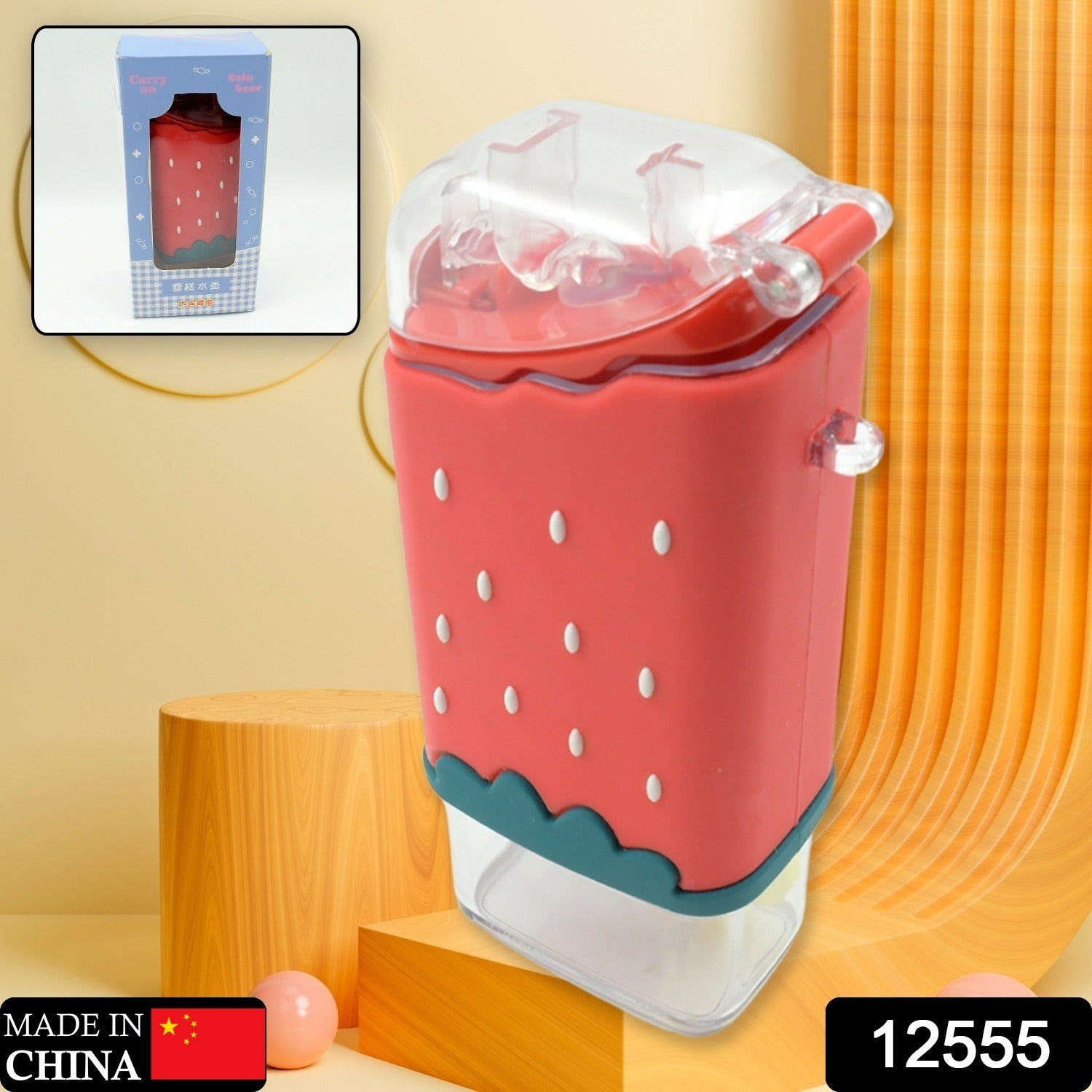 Portable Cute Water Bottle for Kids, Unique Ice Cream Shape water cup, Popsicle Shaped Plastic Kettle with Straw, Adjustable Shoulder Strap, BPA free, Leakproof (300 ML) - Springkart 