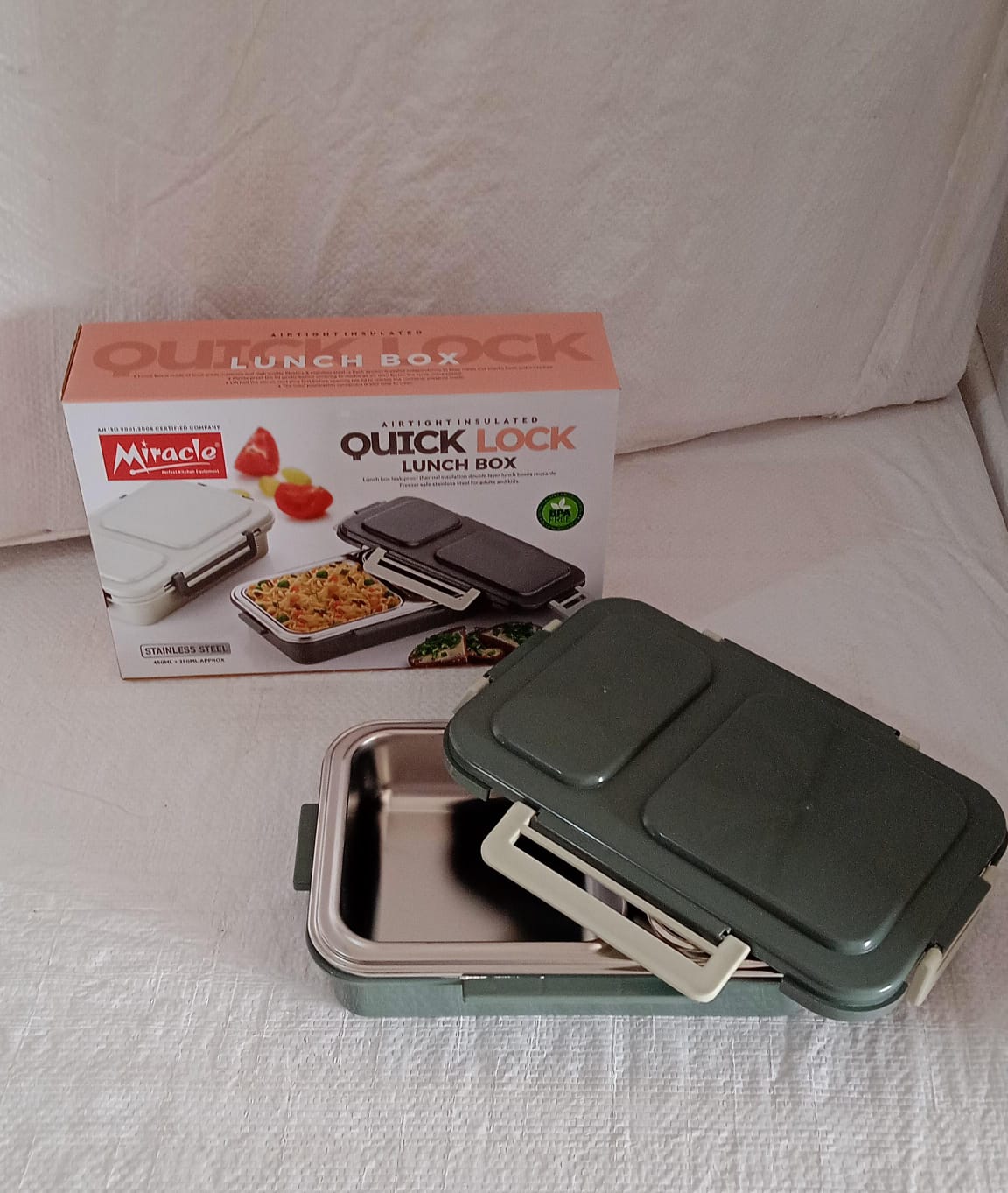 Miracle Quick Lock Leak Proof 2 Compartment Stainless Steel LUNCH BOX Inner Plate Reusable Microwave Freezer Safe Lunch Box Trendy Thermal Insulation Leak Proof for Office Vacuum Tiffin Box for Boys / Girls / School / Office Women and Men  - Springkart 