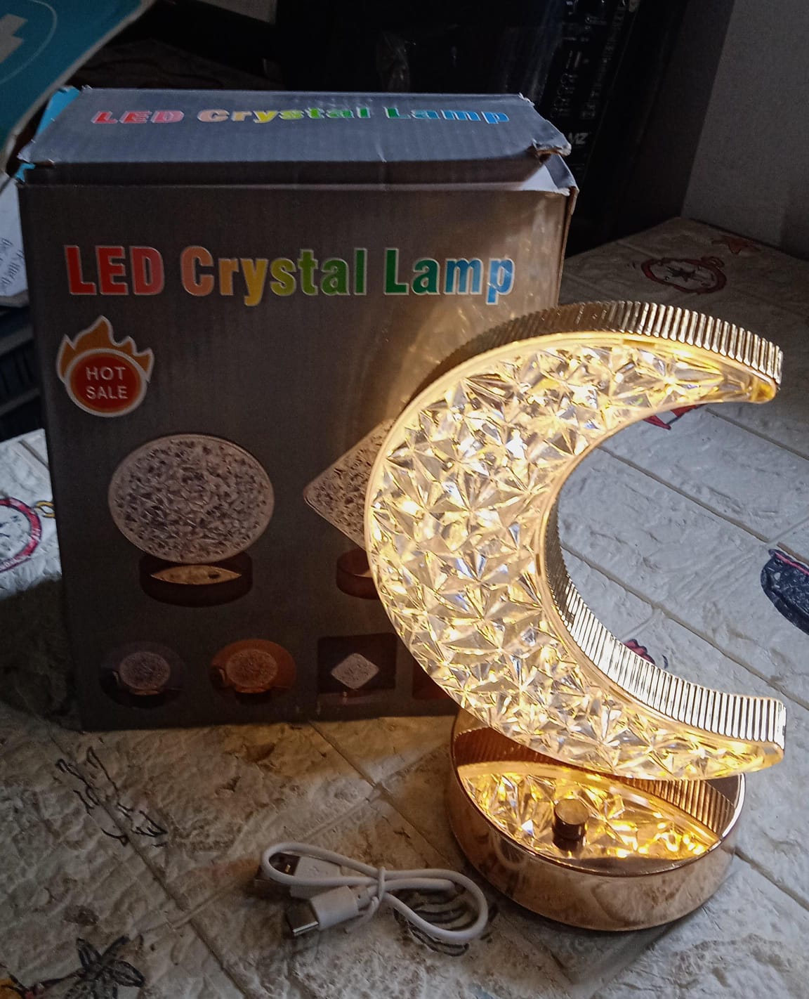 Crystal Table Lamp | Moon Shape Touch Control Lamp with 3 Color | Metal Bedside Lamp for Kids Bedroom Romantic Desktop Nightstand | Stepless Dimming USB Charging Touch Night Light - Springkart 