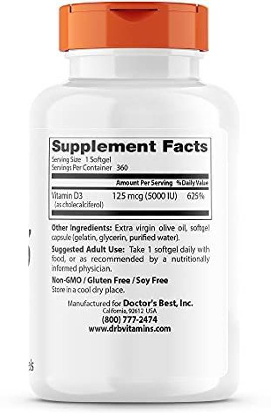 Doctor's Best Vitamin D3 5,000 IU for Healthy Bones, Teeth, Heart and Immune Support, Non-GMO (360 Tablets)