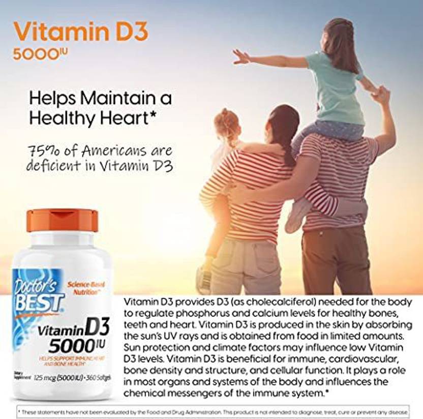 Doctor's Best Vitamin D3 5,000 IU for Healthy Bones, Teeth, Heart and Immune Support, Non-GMO (360 Tablets)