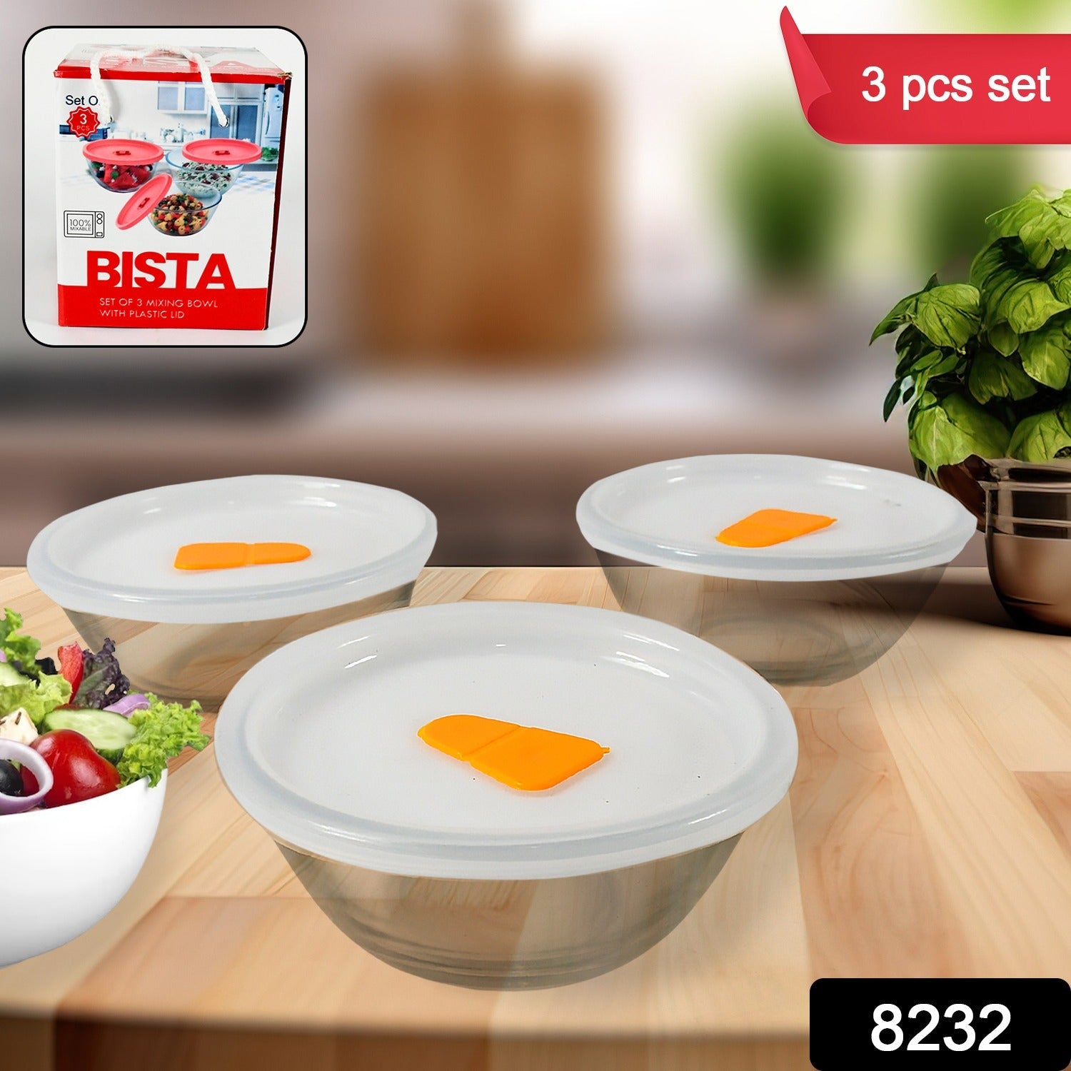 Bista Glass Serving & Mixing Bowls with Plastic Lid | Oven & Microwave Safe & Dishwasher Safe | Scratch Resistant | Transparent | For Household Gift For Birthday (3 Pcs set / 250 ML Approx) - Springkart 