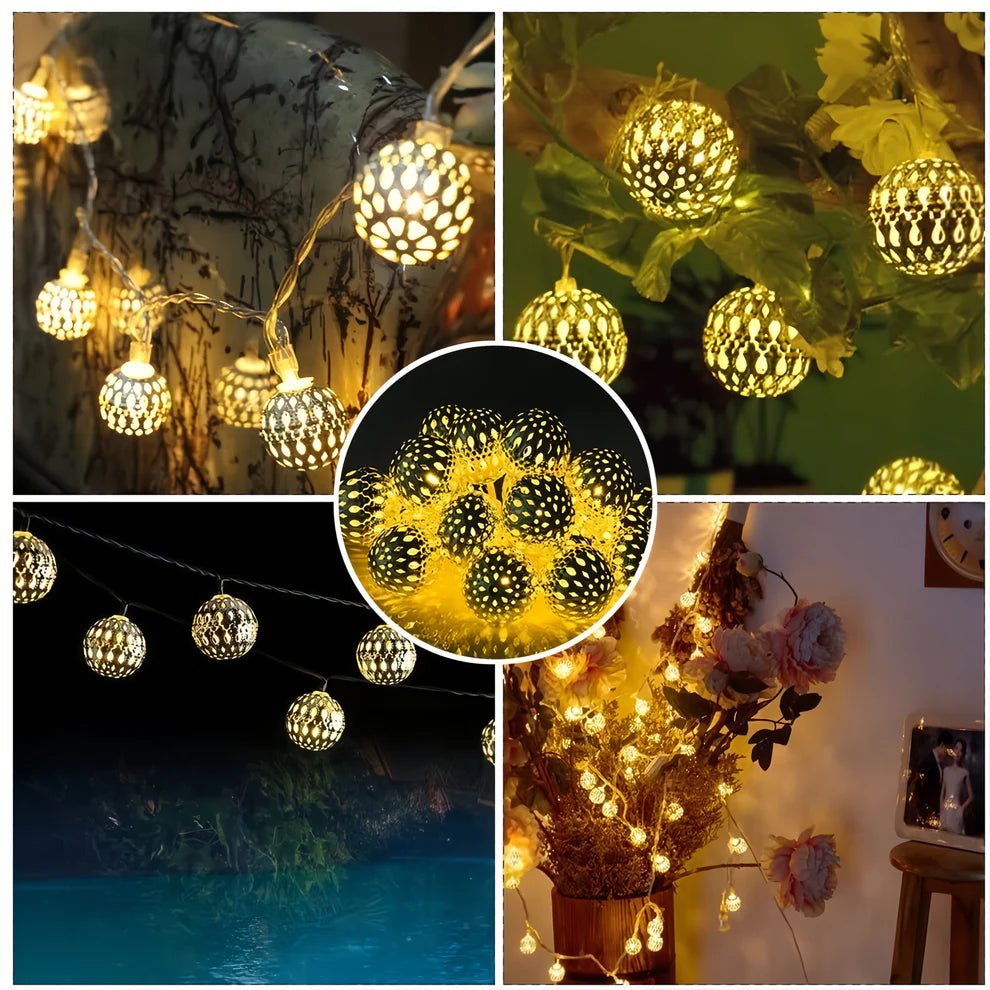 Metal Ball String Lights 20 LED Indoor & Outdoor Decor - Intricate Pattern, Wire LED for Living Room, Dining, Parties, Festivals