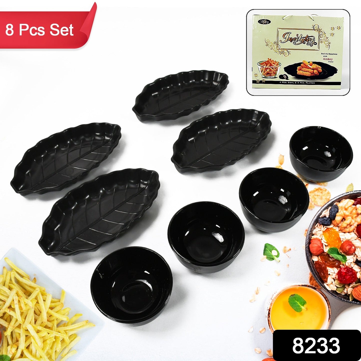 Invitation Round Ceramic Snacks Bowl With Plastic Leaf shape Serving platter Portable, Lightweight Breakfast, Serving Bowl | Ideal for Rice, Pasta, Desserts Home & Kitchen Serving Bowl & platter (8 Pcs set) - Springkart 