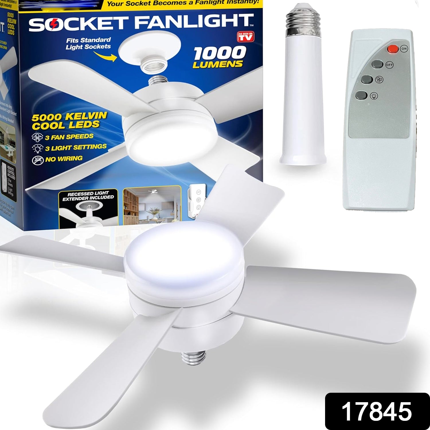 17845 Socket Fan Light Original - Cool Light Led Ceiling Fans With Lights And Remote Control Replacement For Lightbulb - Bedroom Kitchen Living Room1000 Lumens 5000 Kelvins Cool Leds (Remote Battery Not Included) - Springkart 