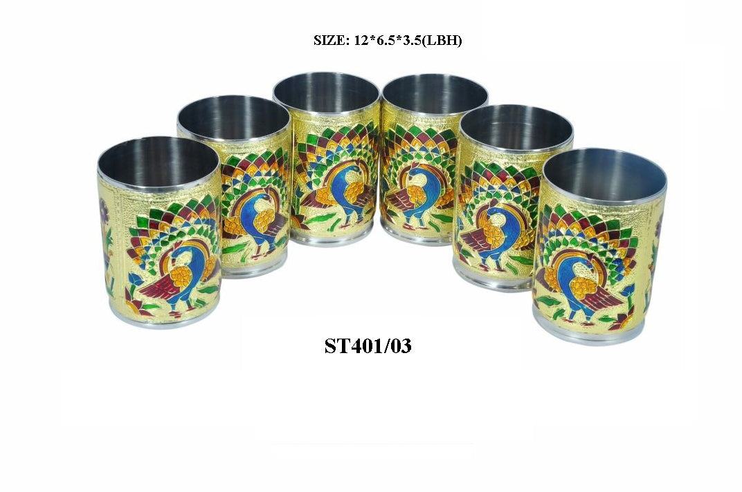 Peacock Design Glass with Handle and Handicraft Serving Tray Set - Springkart 