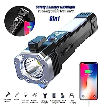 Portable 3w Rechargeable Torch LED Flashlight Long Distance Beam Range, Hammer and Strong Magnets, Window Glass and Seat Belt Cutter 4 Modes for Car Camping Hiking Indoor Outdoor - Springkart 