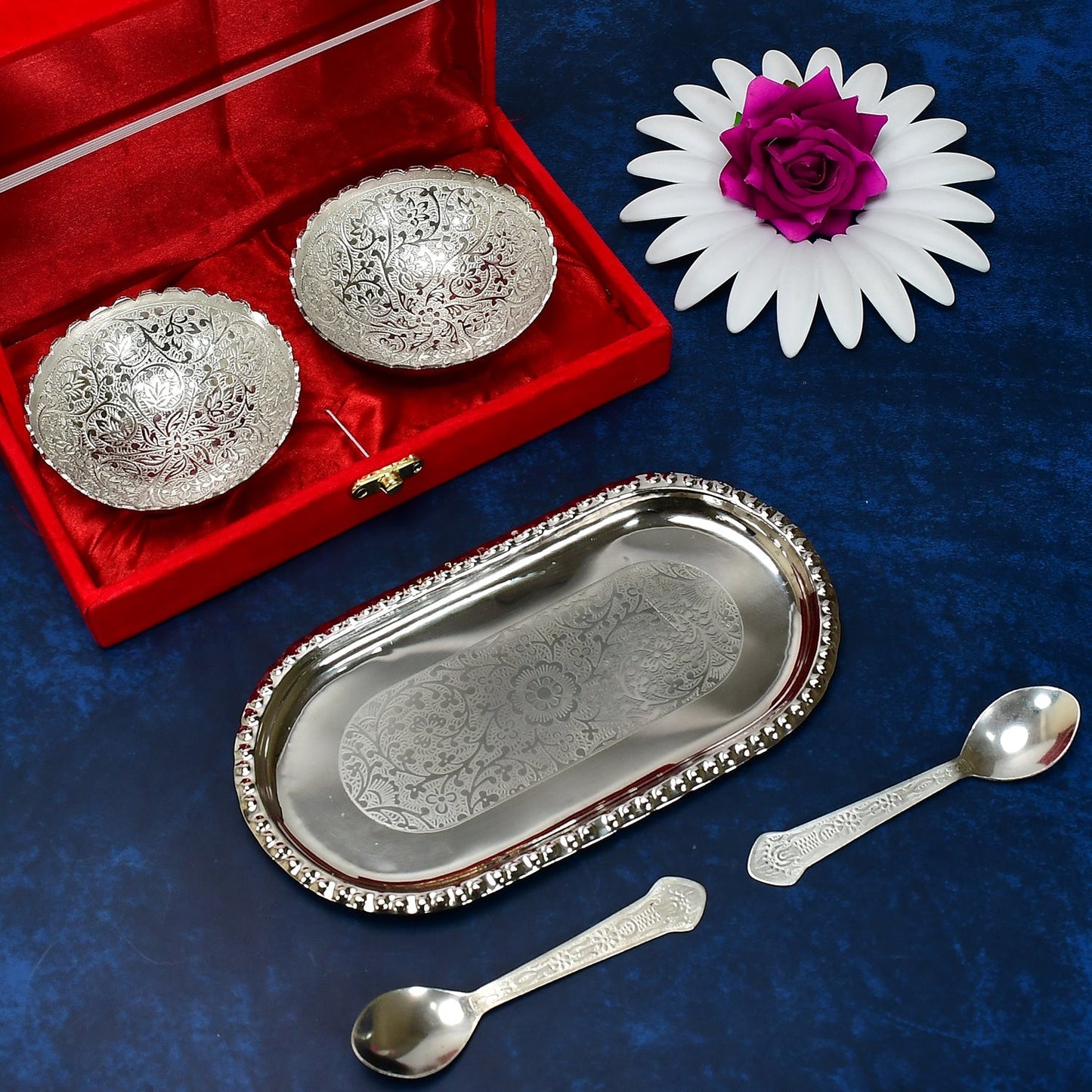 Silver Plated 2 Bowl 2 Spoon Tray Set Brass with Red Velvet Gift Box Serving Dry Fruits Desserts Gift, Bartan - Springkart 
