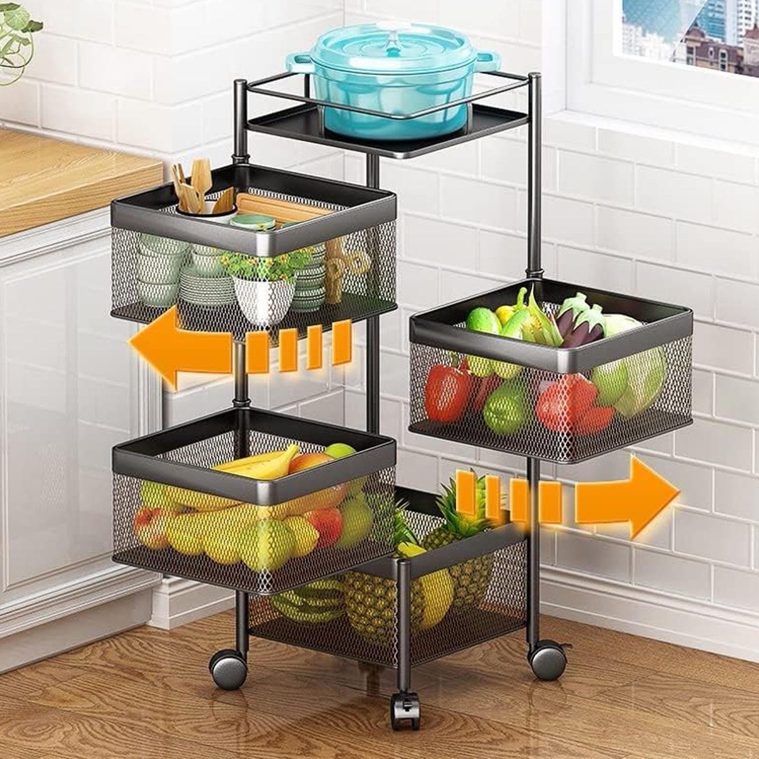 Metal High Quality Kitchen Trolley Kitchen Organizer Items and Kitchen Accessories Items for Kitchen Rack Square Design for Fruits & Vegetable Onion Storage Kitchen Trolley with Wheels (4 Layer) - Springkart 
