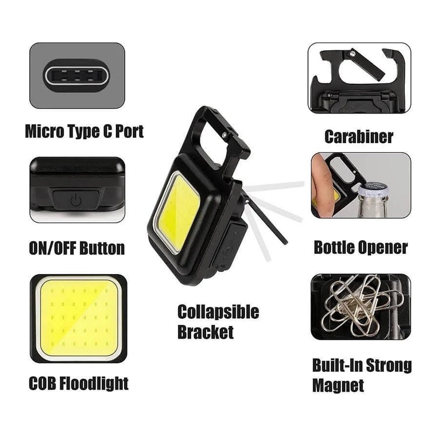 Rechargeable Keychain Mini Flashlight with 4 Light Modes,Ultralight Portable Pocket Light with Folding Bracket Bottle Opener and Magnet Base for Camping Walking - Springkart 