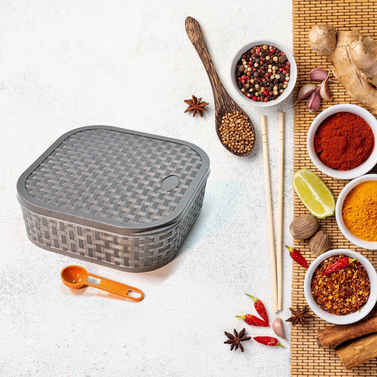 Masala Box for Keeping Spices, Spice Box for Kitchen, Masala Container, Plastic Wooden Style, 7 Sections (Multi Color). - Springkart 