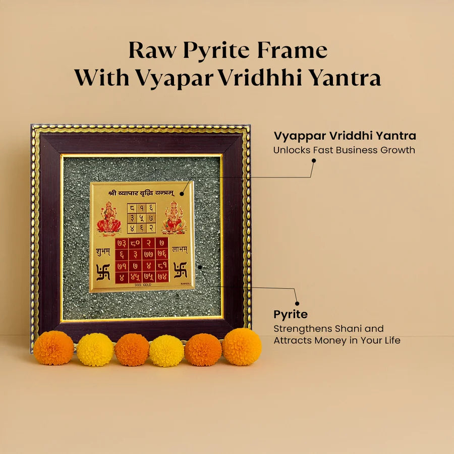 Vyapar Vriddhi Yantra on Pyrite Frame with FREE Citrine Pyramid