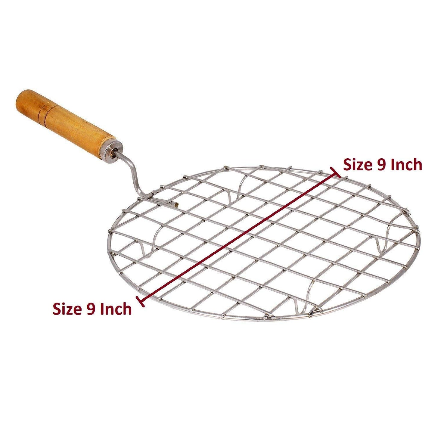 Kitchen Round Stainless Steel Roaster Papad Jali, Barbecue Grill with Wooden Handle - Springkart 