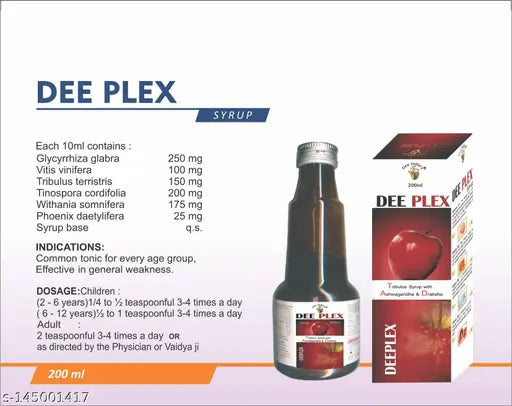 DEE INDIA HERBALS Dee Plex Tribulus Syrup With Ashwagandha & Draksha Tonic ( Weight : 200 ml) Pack Of 3