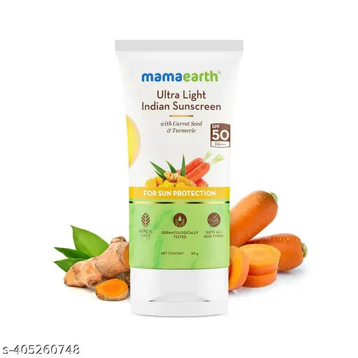 Mamaearth Ultra Light Indian Sunscreen - 50 g with Carrot Seed & Turmeric SPF 50 | PA +++ | For Broad Spectrum UVA & UVB Protection | Protection from Sun Damage | No White Cast | Suits All Skin Types | Super Lightweight | Non-Greasy & Quick Absorbing