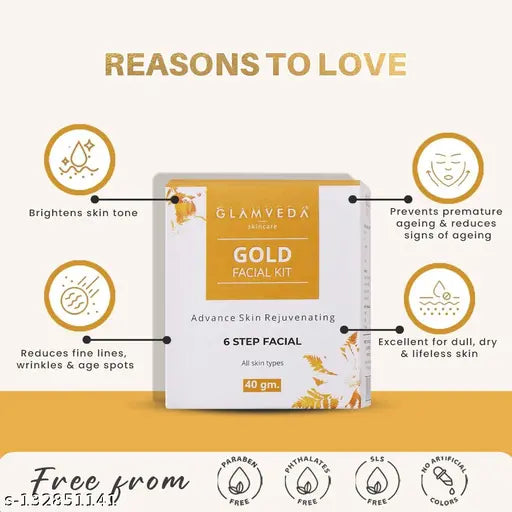 Glamveda Gold Rejuvenating Facial Kit For Women | For Dry & Normal skin | Gives Hydrates, Nourishes & Radiant skin | No Paraben, SLS | 40gm